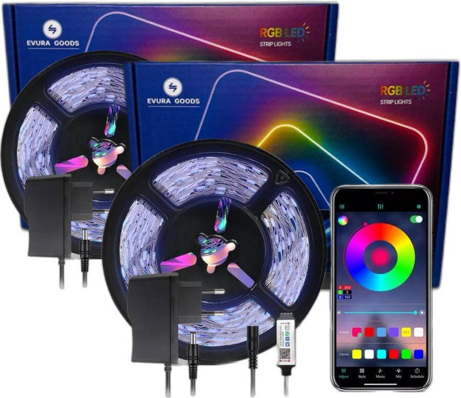 Evura Goods Led strip 10 meter 2 X 5 Meter RGB met afstandsbediening & telefoon app dimbaar smart LED light verlichting timer en muziek modus Led Lights