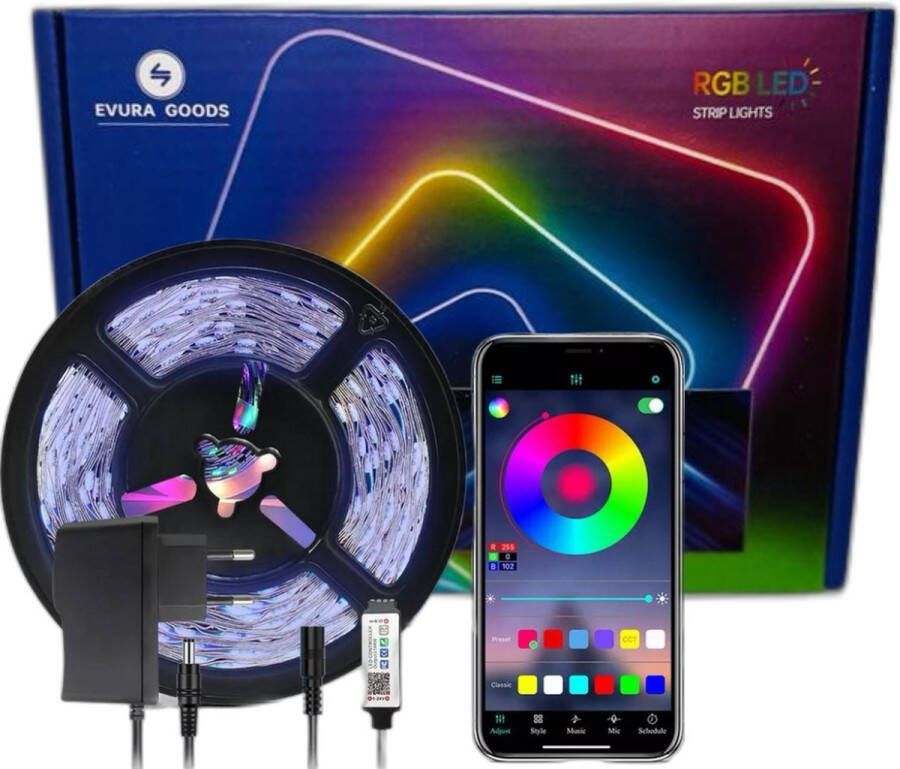 Evura Goods Led strip 5 meter RGB met afstandsbediening & telefoon app dimbaar smart LED light verlichting led-strips timer en muziek modus Led lights smart home verlichting