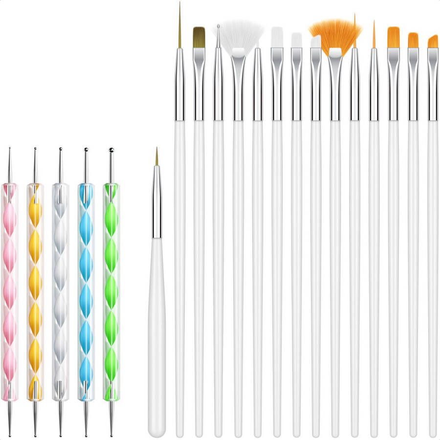 Evvie 20 delige nail art set 15 nailart penselen en 5 dotting tools Wit