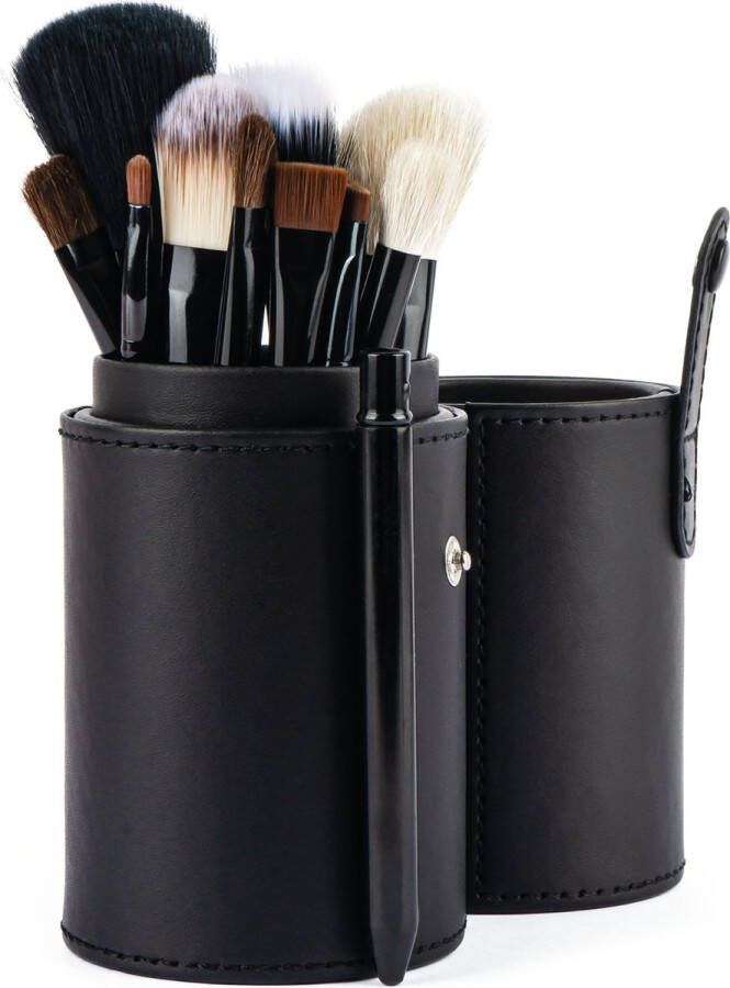 Evvie Make up Kwasten 12-delig in PU-lederen koker – Zwart