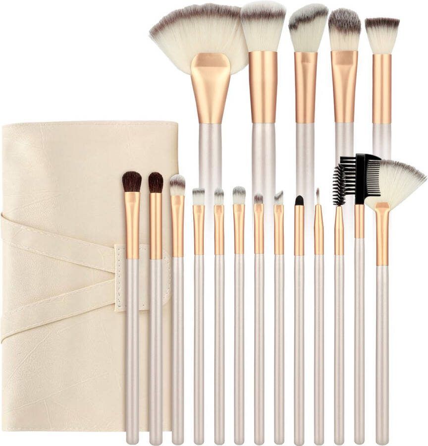 Evvie Make up kwasten set – Beige goud – 18 delig