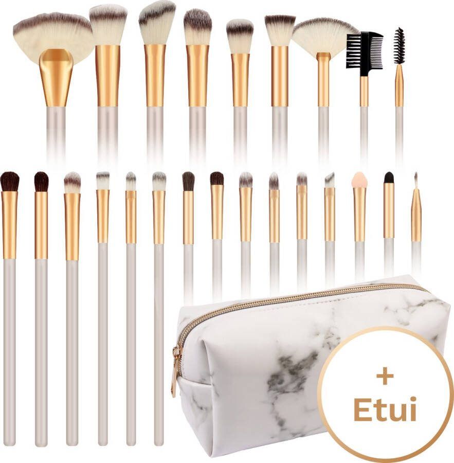 Evvie Make up kwasten set – Beige goud – 24 delig – in etui Marble