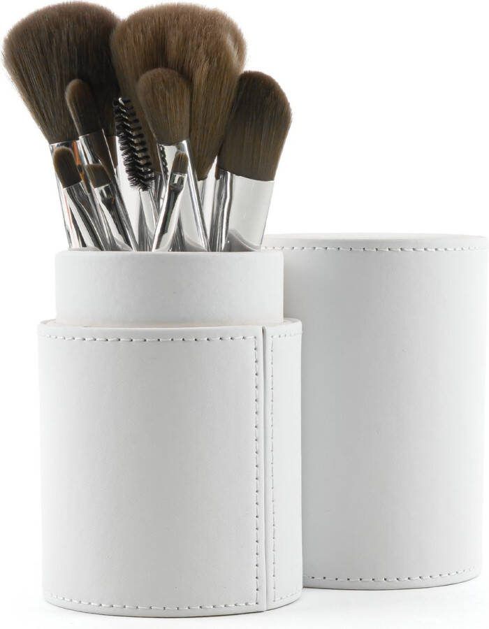 Evvie Professionele Make-up Kwastenset 10 delig – in Lederen Koker – Deluxe Edition Wit