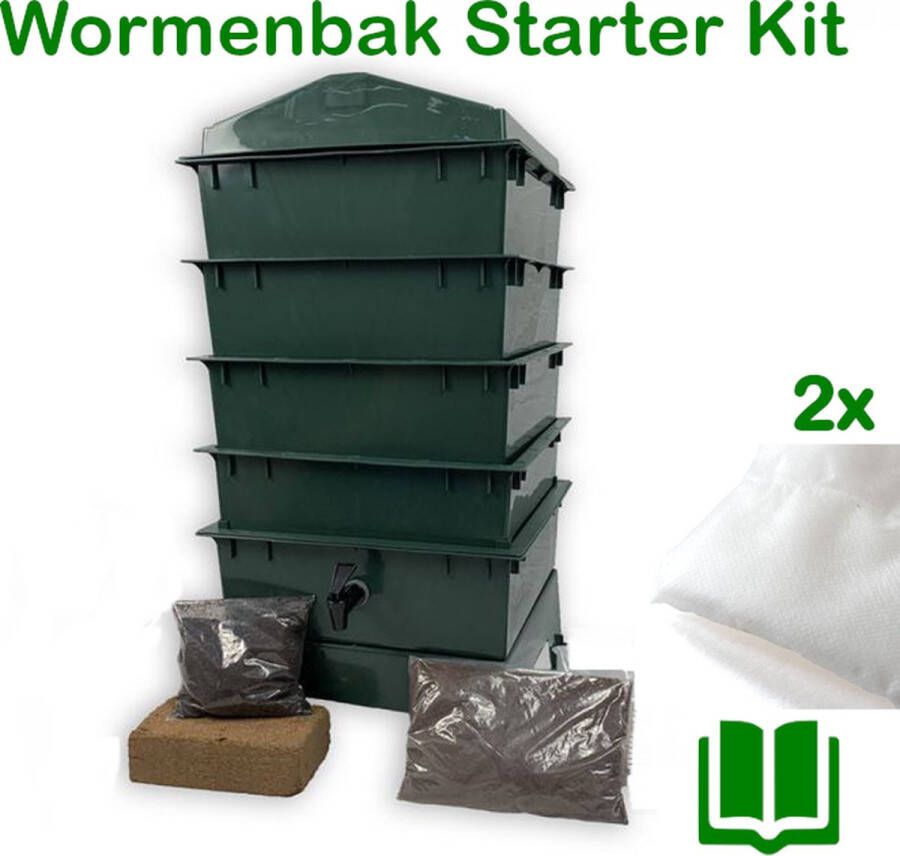 EWoodz Wormenbak 4 laags starter kit (groen) Excl. wormen > Incl. filter kweekgrond bedding Wormenhotel 40x40x85cm Wormentoren compostbak met opvangbak en tapkraan