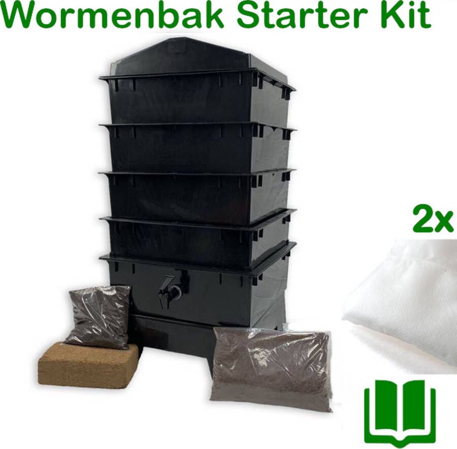 EWoodz Wormenbak 4 laags starter kit (zwart) Excl. wormen > Incl. filter kweekgrond instructieboekje Wormenhotel 40x40x85cm Wormentoren compostbak met opvangbak en tapkraantje