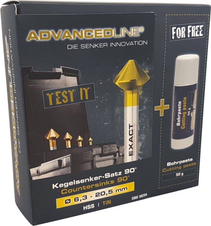 Exact 90° DIN 335 C verzinkboor HSS TIN staal ( 50234 ) 6 3 20 5 mm 6 stuks + 50g boorpasta