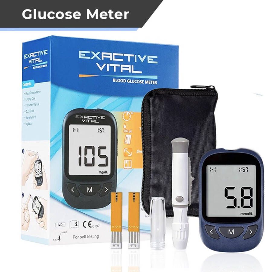 Exactive Vital Glucosemeter startpakket – Bloedsuikermeter – Diabetes meter – Glucose monitor – Glucosemeter Donkerblauw