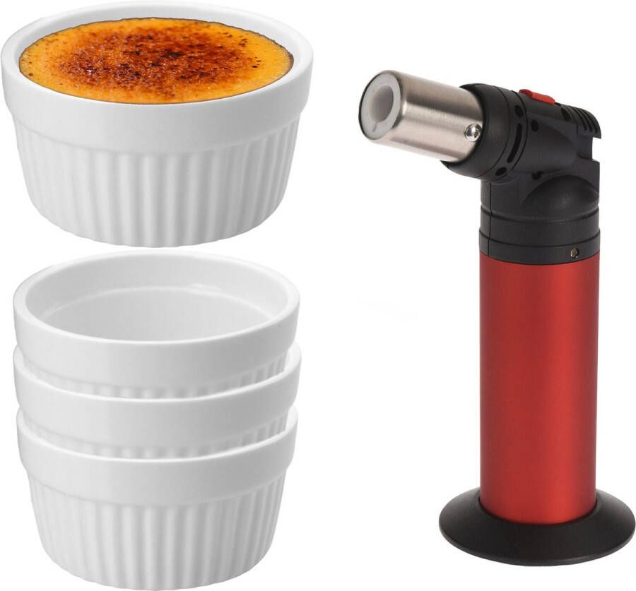 Excellent Houseware 11-Delige creme brulee set met witte schaaltjes en een rode brander Serveerschalen