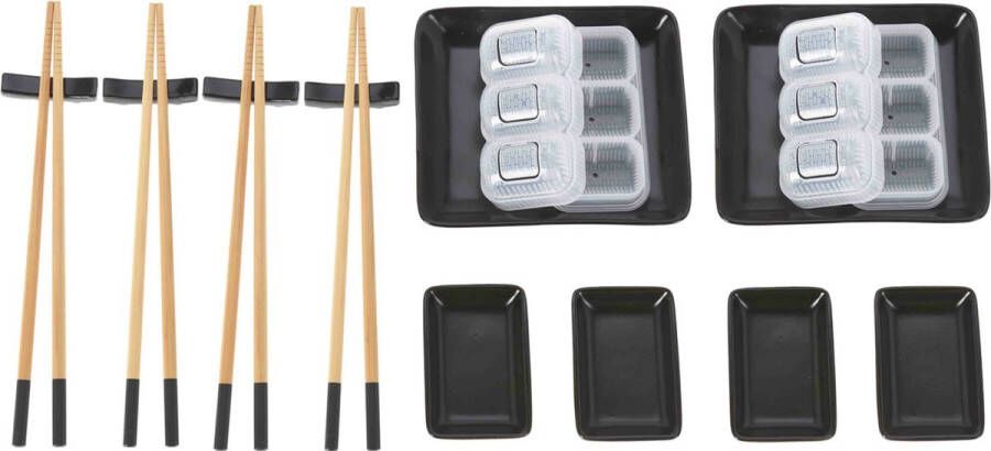 Excellent Houseware 16-delige sushi serveer set voor 4 personen keramiek zwart Bordjes