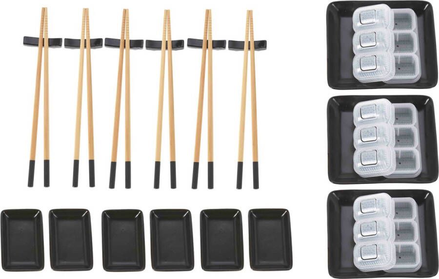 Excellent Houseware 24-delige sushi serveer set voor 6 personen keramiek zwart Bordjes