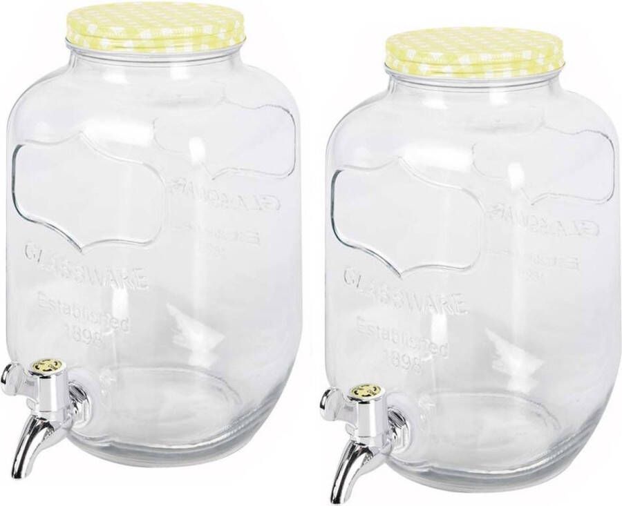 Excellent Houseware 2x stuks glazen drankdispensers limonadetap met geel wit geblokte dop 4 liter Drankdispensers