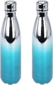 Excellent Houseware 2x Stuks Rvs Thermosflessen Isoleerflessen Voor Onderweg 500 Ml Metallic Turquoise Thermosflessen