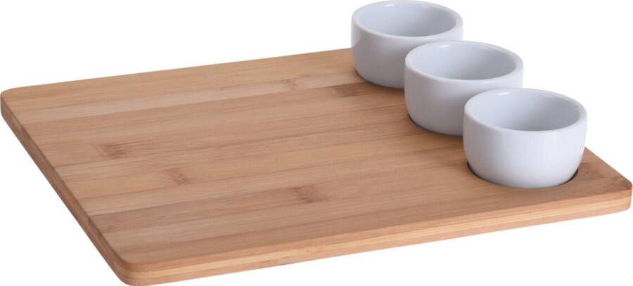 Excellent Houseware 4-delige sushi serveer set met bamboe houten serveerplank en 3 porseleinen kommetjes 28 x 24 cm