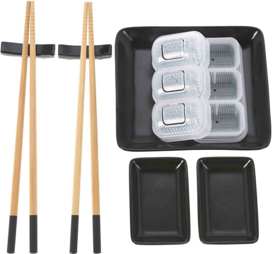 Excellent Houseware 8-delige sushi serveer set voor 2 personen keramiek zwart Bordjes