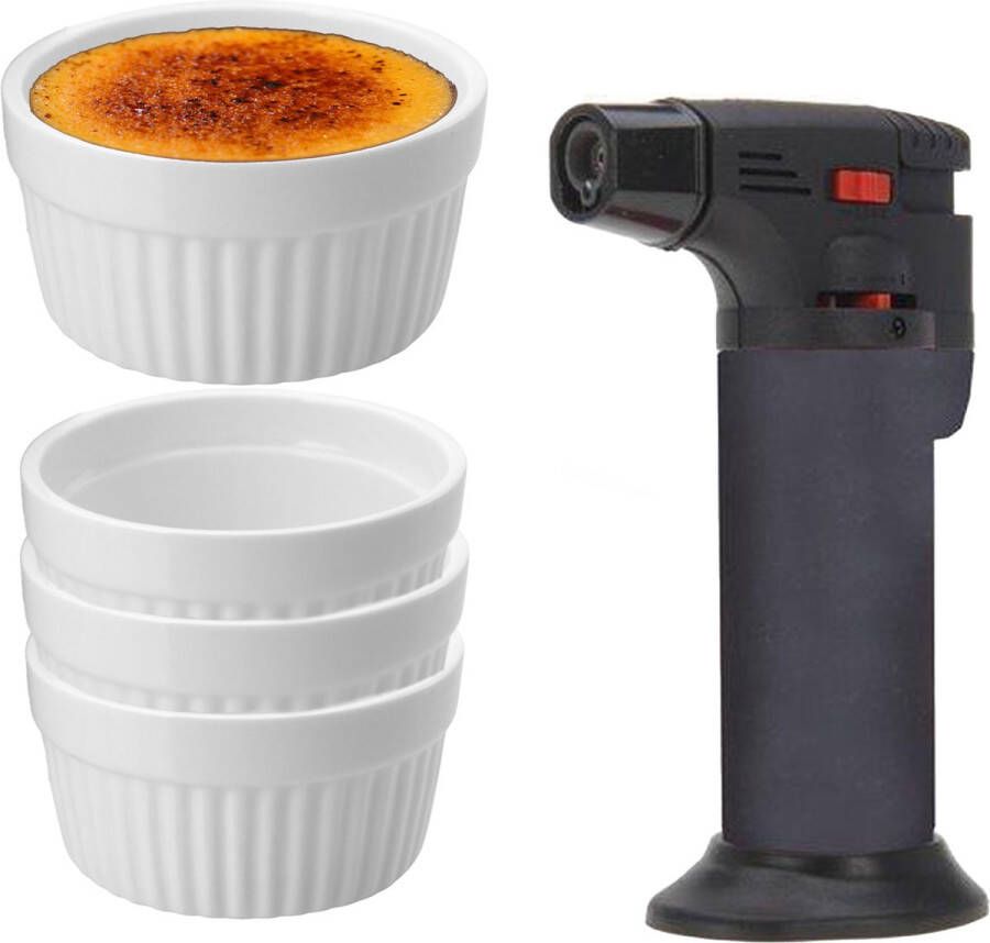 Excellent Houseware 11-Delige creme brulee set met witte schaaltjes en een grijze brander Serveerschalen