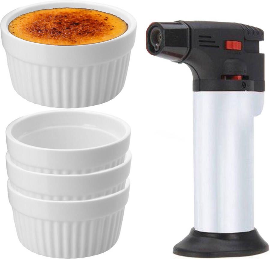 Excellent Houseware 11-Delige creme brulee set met witte schaaltjes en een zilveren brander Serveerschalen