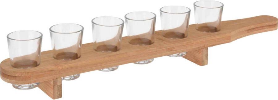 EH Excellent houseware borrelglazen in bamboe plank shotjes glas bamboe houder bamboe borrel glas shotjes