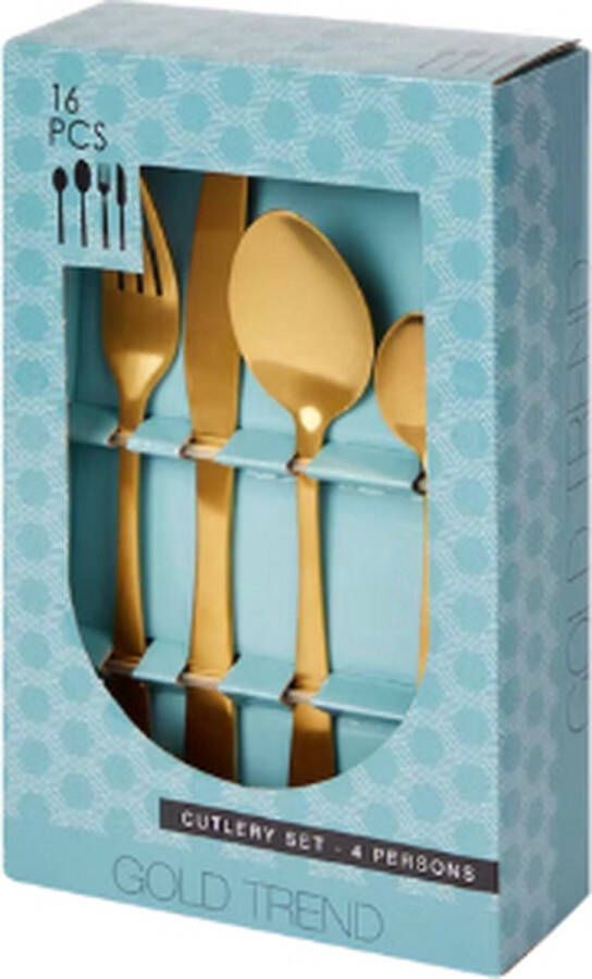 Excellent Houseware Bestekset 16-delig Goud Goudkleur 4x Messen Vorken Lepels en Dessertlepels Roestvrij Staal
