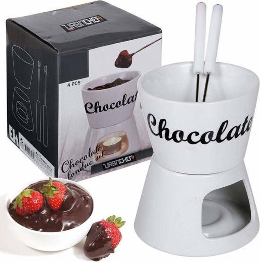 Excellent Houseware Chocolade Fondue Theelichtje Porselein Set Met 2 Vorken Voor Eenvoudig Dippen Wit