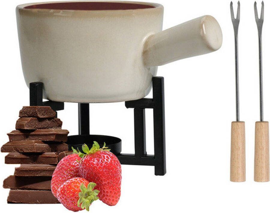 Excellent Houseware Chocoladefondue setje met houder porselein beige incl. 2 vorken