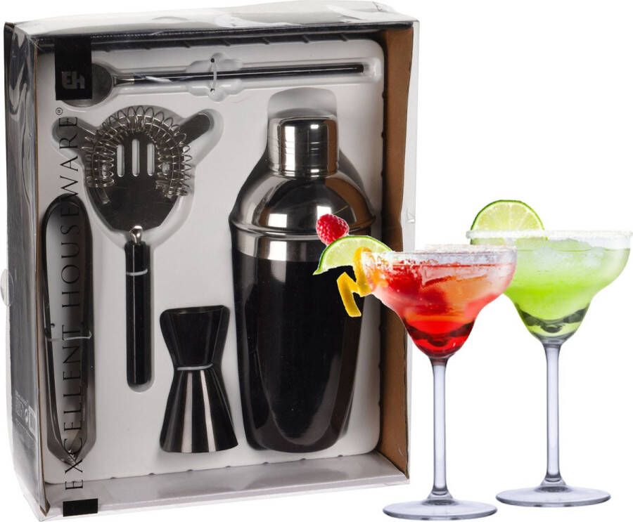 Excellent Houseware cocktails maken set 5-delig met 4x Margarita glazen Cocktailshakers