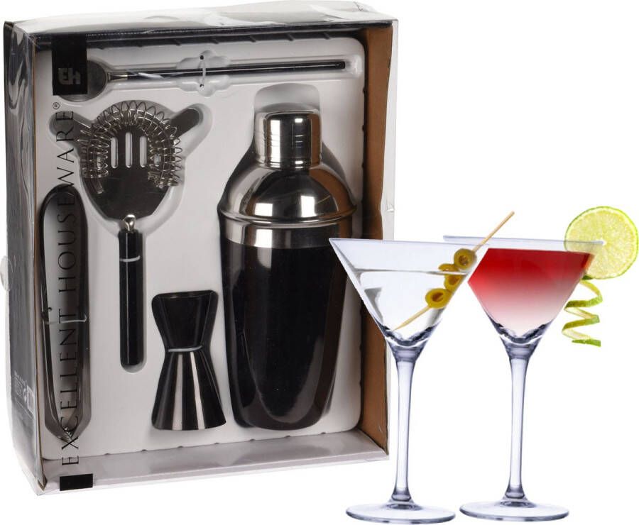 Excellent Houseware cocktails maken set 5-delig met 4x Martini glazen Cocktailshakers