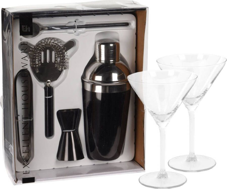 Excellent Houseware cocktails maken set 5-delig met 4x Martini glazen Cocktailshakers