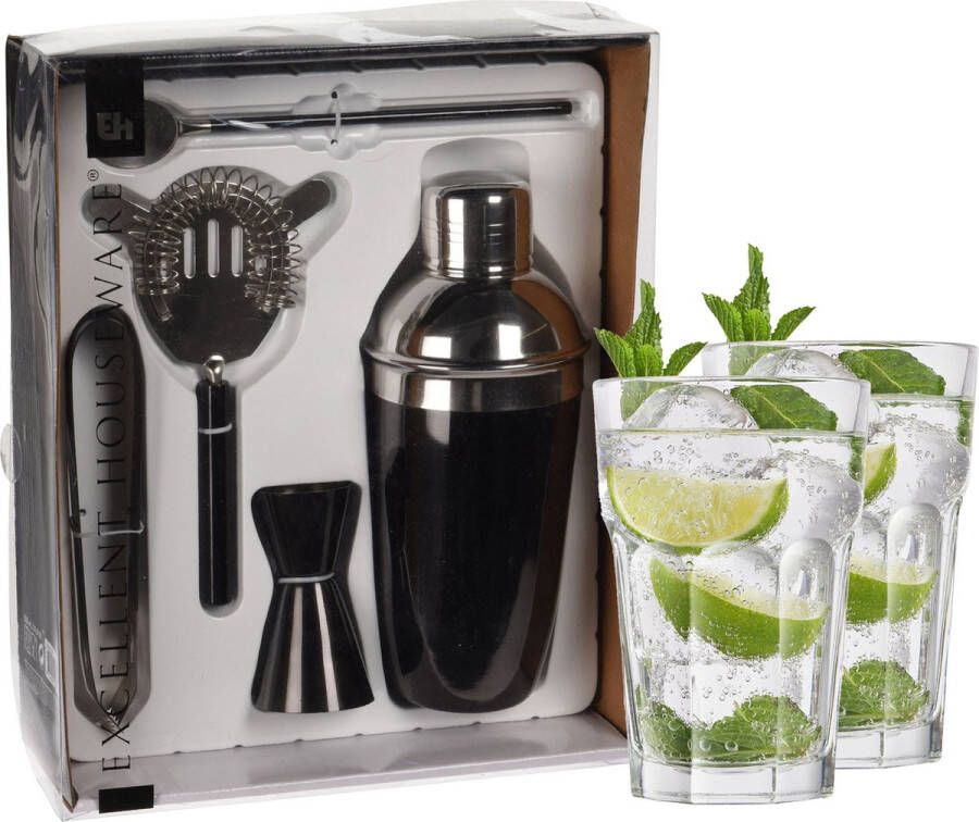 Excellent Houseware cocktails maken set 5-delig met 4x Mojito glazen Cocktailshakers