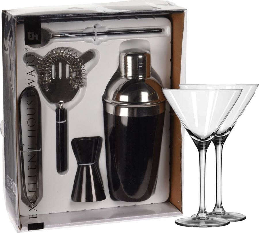 Excellent Houseware cocktails maken set 5-delig met 6x Martini glazen Cocktailshakers