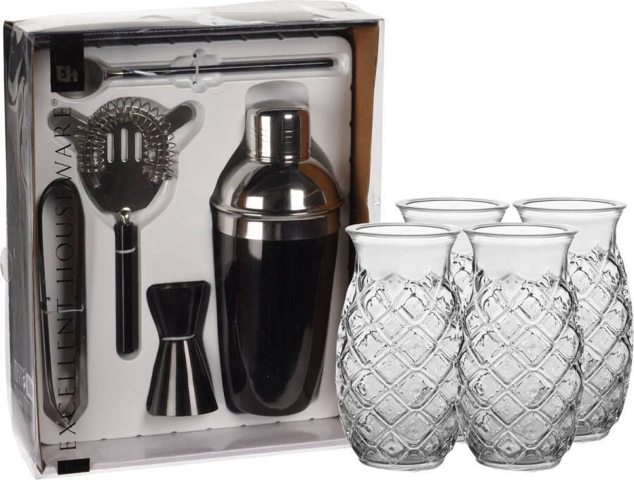 Excellent Houseware cocktails maken set 5-delig met 8x Pina Colada glazen Cocktailshakers