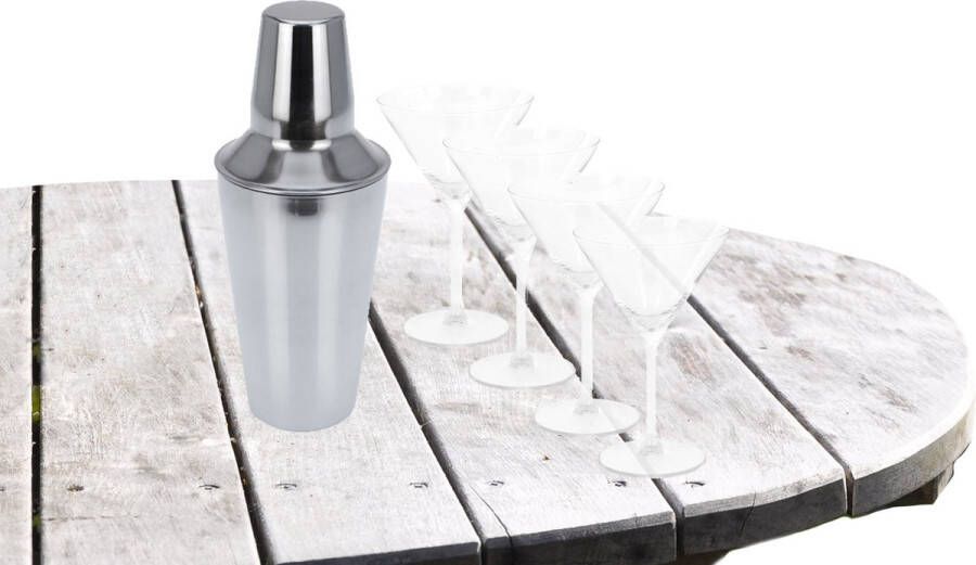 Excellent Houseware Cocktailshaker met 4x Cocktailglazen Martini transparant 260 ml Cocktailglazen