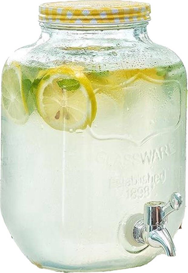 Excellent Houseware Glazen drankdispenser limonadetap met geel wit geblokte dop 4 liter Drankdispensers