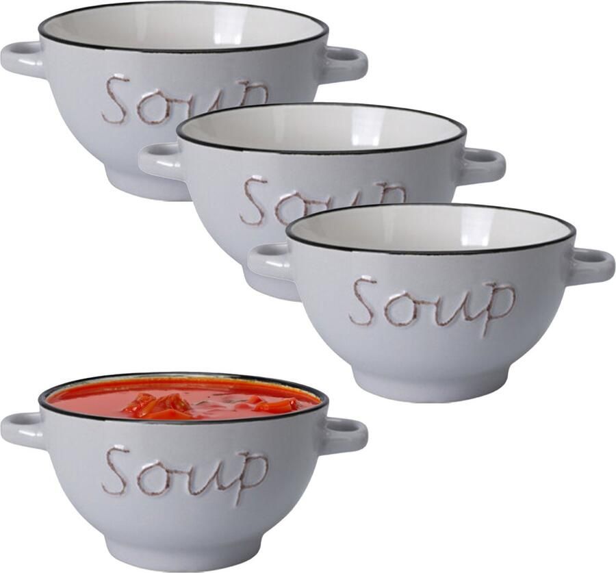 Excellent Houseware Soepkommen serveer schaaltjes 4x Gres porselein D14 x H78 cm ivoor wit