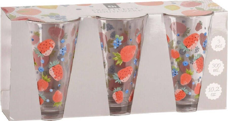 Excellent Houseware Glazenset met 3 konische glazen 330 ml met print van zomers fruit bosvruchten