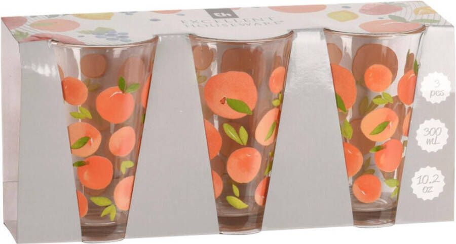 Excellent Houseware Glazenset met 3 zomerse konische glazen 330 ml met print van sinaasappels