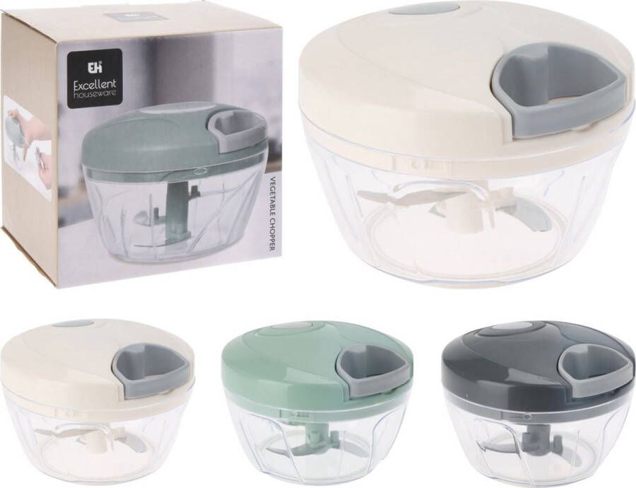 Excellent Houseware Hakmolen Groentehakker Multihakker Groentesnijder handmatig met trekkoord Uiensnijder & Uienhakker- 3 RVS messen inhoud 300 ml