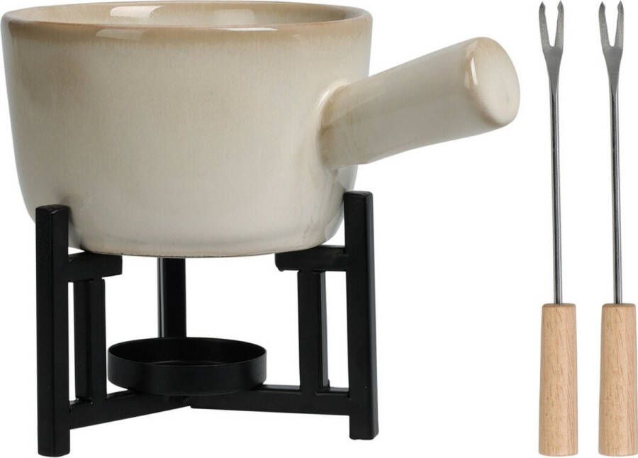 Excellent Houseware Kaasfondue setje met houder porselein beige zwart incl. 2 vorken