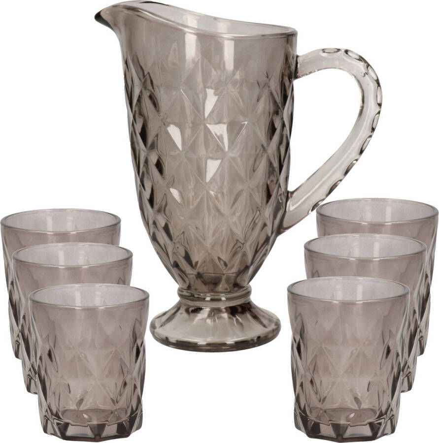 Excellent Houseware Karaf schenkkan set 1 liter met 6 drinkglazen 250 ml grijs glas Drinkglazen