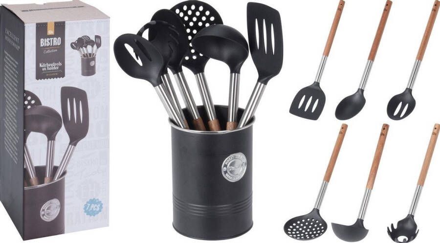 Excellent Houseware Keukengerei Kookgerei Set 7-Delig met Houder Zwart