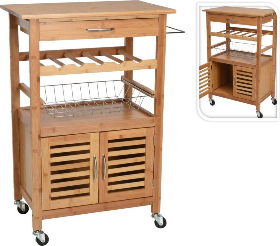 Excellent Houseware Keukentrolley met lade en kastje bruin hout 60 x 84 x 36 cm Opberg trolley