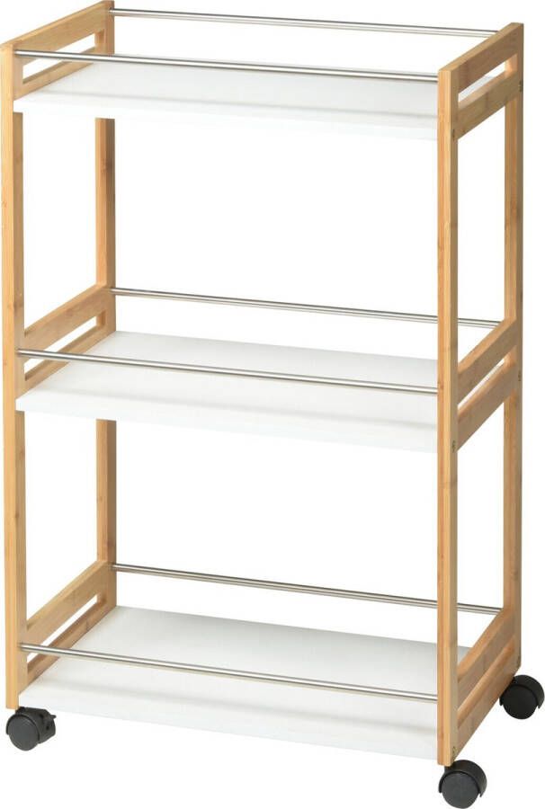 Excellent Houseware Keuken opberg trolley roltafel met 3 plankjes bruin wit bamboe 51 x 30 x 80 cm Opberg trolley