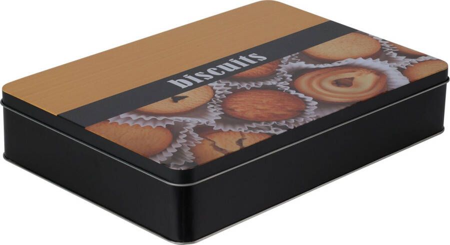 Excellent Houseware Koektrommel biscuits metaal zwart bruin 26 x 19 x 5 cm koekblik Voorraadblikken