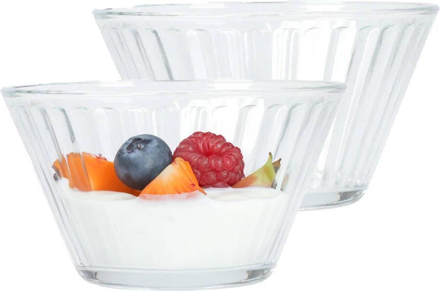 Excellent Houseware Kommetje serveer schaaltje 12x ontbijt hapjes glas streep relief 300 ml
