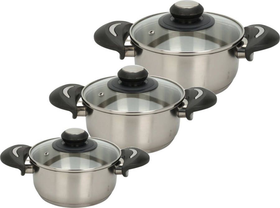 Excellent Houseware Kookpannen set 3x glazen deksel RVS 1.4 1.8 2.7 liter Kookpannen