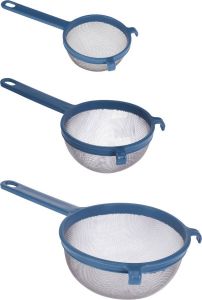 Excellent Houseware Kunststof metalen keuken vergiet zeef set 3-delig met handvat in 3 verschillende formaten blauw
