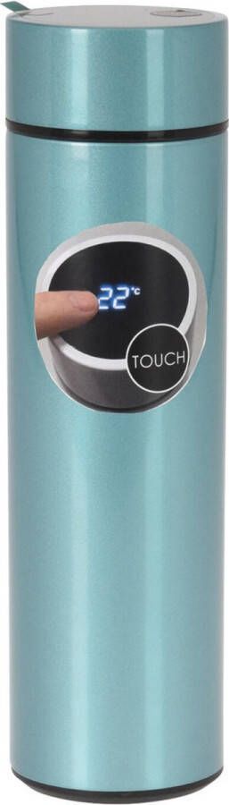 Excellent Houseware RVS warmhoud thermofles isoleerfles voor onderweg metallic blauw 450 ml met ingebouwde themometer in de dop