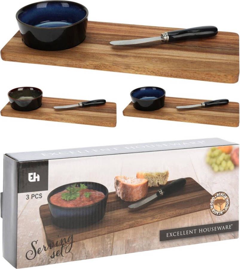 Excellent Houseware Serveerset 3-delig met plank schaaltje en mes