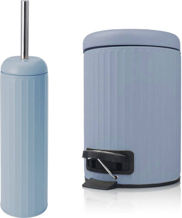 Excellent Houseware Set van 1x prullenbak en 1x wc borstel met houder grijsblauw metaal Badkameraccessoireset