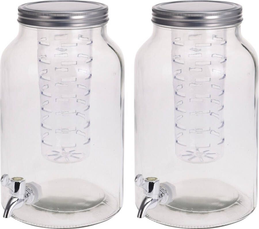 Excellent Houseware Set van 2x stuks glazen drank dispenser met infuser 4 liter Limonade drankdispenser met filter en tapkraantje