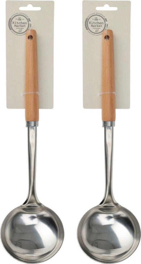 Excellent Houseware Set van 2x stuks keukengerei soeplepel RVS steel en houten handvat 32 cm Keuken gardes